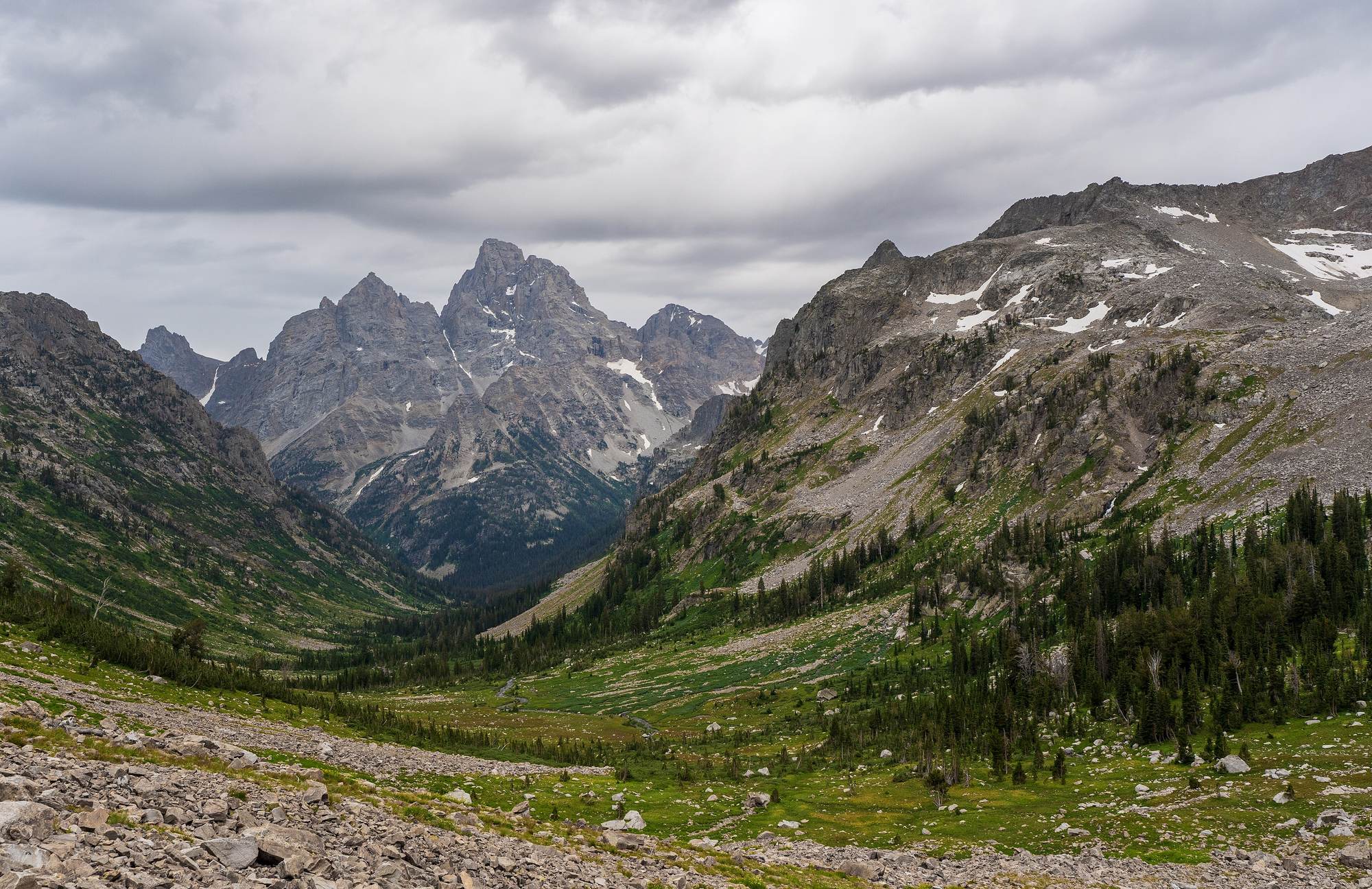 Cascade Canyon in summer, with the Grand Teton rising at its head